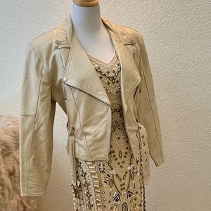Donald Page Leather Motorcycle-style Jacket -Pearlized Beige with shoulder pads
